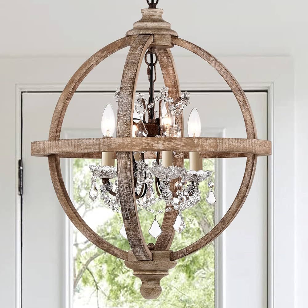 Cawabien 4-Lights Metal and Wood orb Chandelier,Rustic Globe Chandelier Style with Clear Crystals... | Amazon (US)