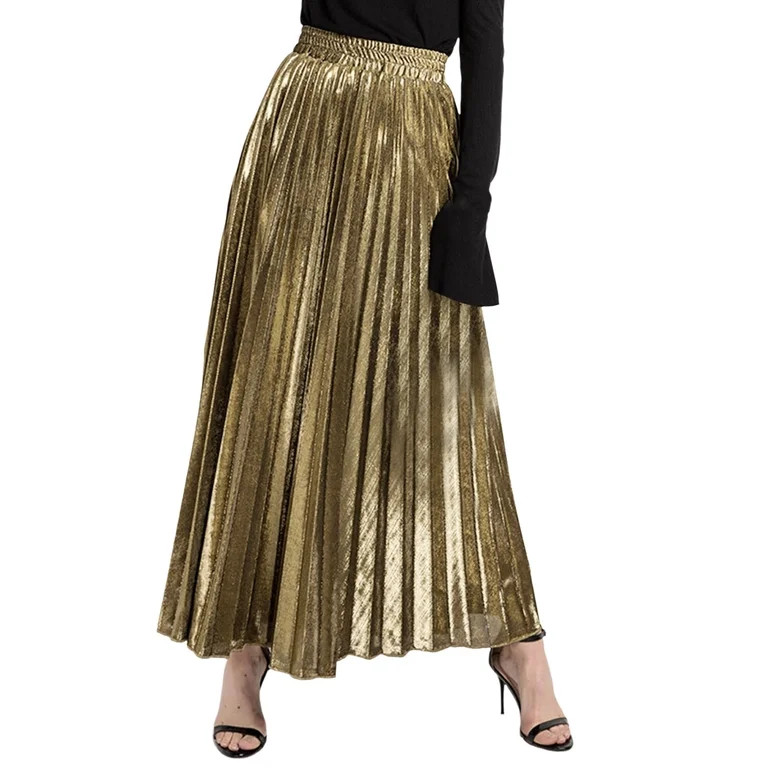 GYUJNB Women's Premium Metallic Shiny Shimmer Accordion Pleated Long Maxi Skirt Midi Long Pleated... | Walmart (US)