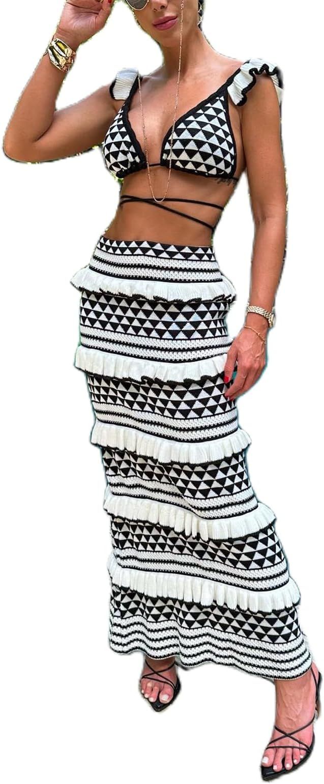 Crochet Knit 2 Piece Skirt Sets for Women Summer Hollow Out Crop Top Bodycon High Waist Maxi Skir... | Amazon (US)