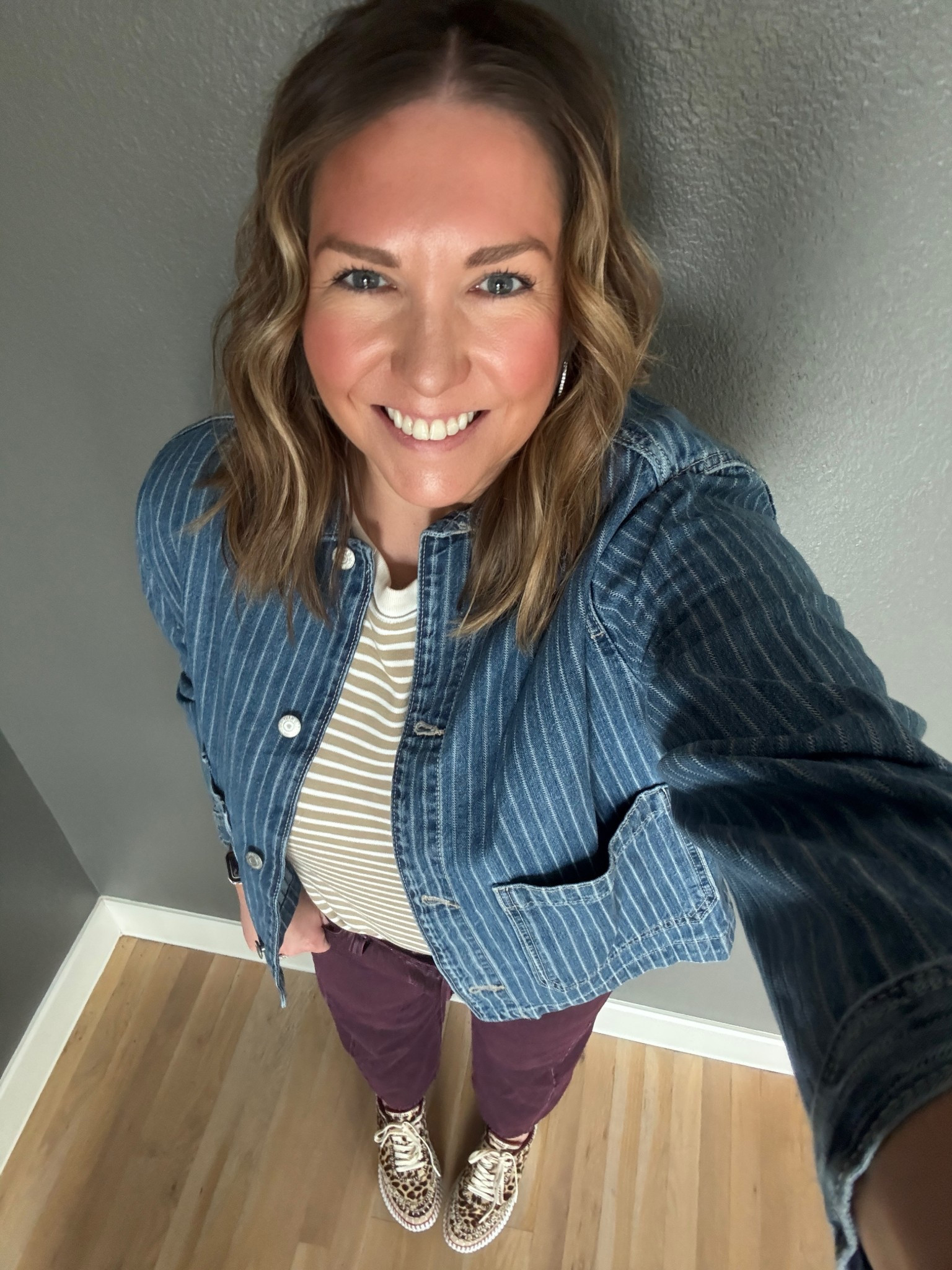 Met Devin for a little happy hour on a Friday evening. I am loving a fun printed or colorful Jean right now. It adds a little fun to your outfit and feels updated from a regular wash. I added this striped chore jacket and tan tshirt. The two different stripes mixed well and the leopard sneakers were a perfect fit  

#LTKootd #LTKMidsize #LTKSaleAlert