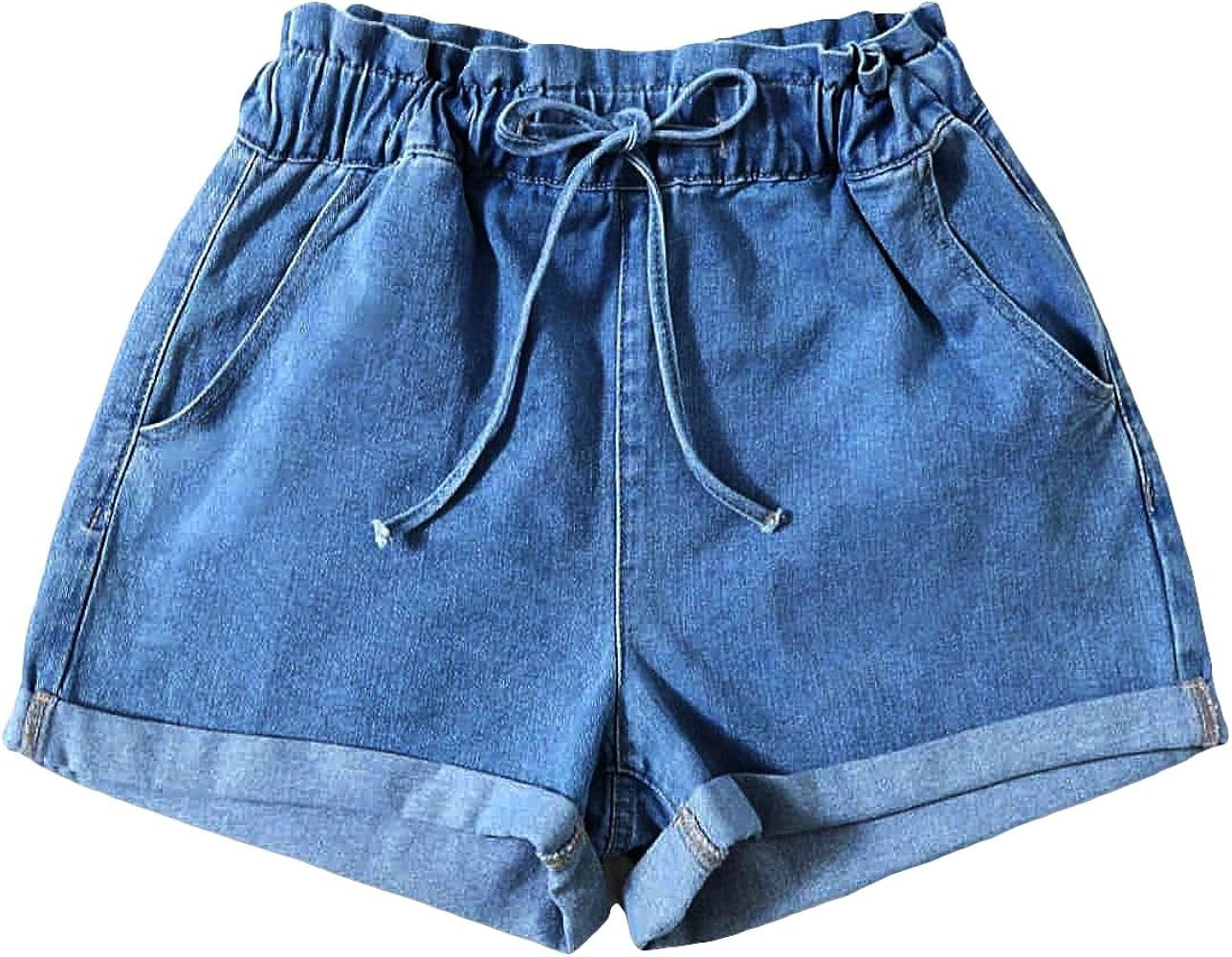 Floerns Women's Elastic High Waist Bow Front Straight Leg Denim Shorts with Pockets | Amazon (US)