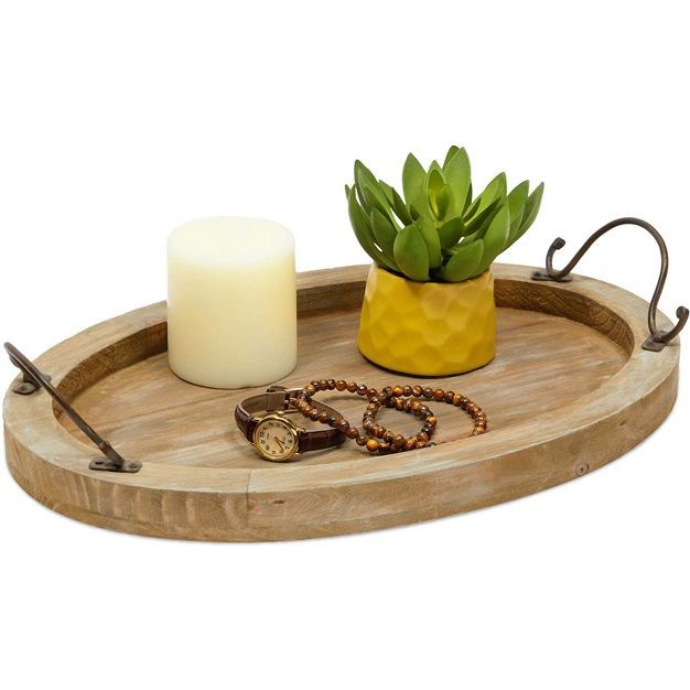 Farmlyn Creek Wood Farmhouse Oval Coffee Table Serving Tray Platter with Handles Brown 15.75 x 10... | Target