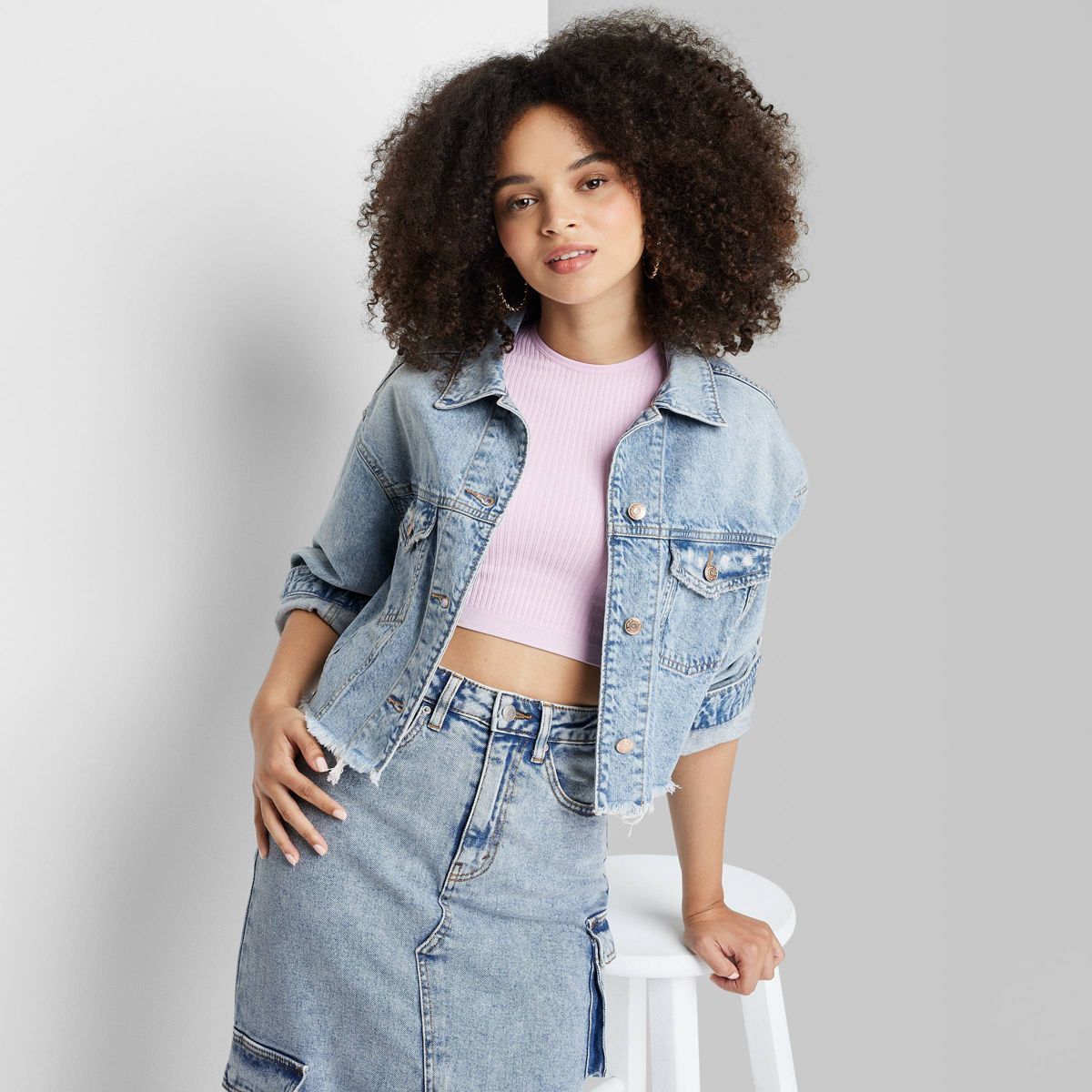 Women's Cropped Denim Trucker Jacket - Wild Fable™ Cream S | Target