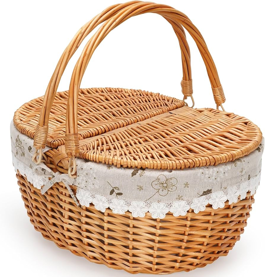ZORMY 15" Wicker Picnic Baskets with Removable Liner, Empty Picnic Basket with Lid, Picnic Hamper... | Amazon (US)