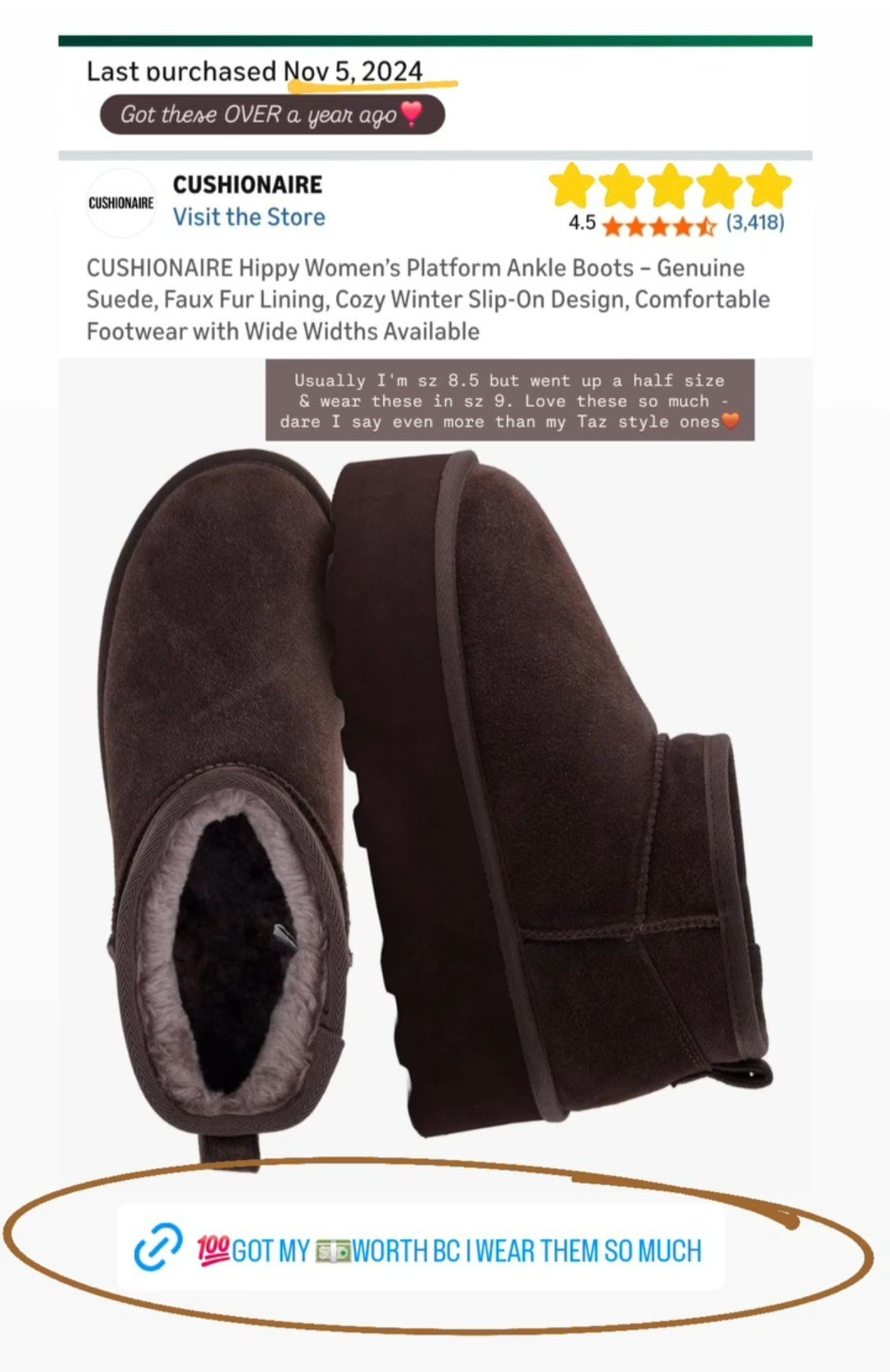 Still wearing these constantly, even tho I bought them over a yr ago. (They still look new imo & I very much dislike wearing items that look like they need to be thrown out or dingy or expired so to speak lol)🤎🧸🍫 went up a half sz from my usual 8.5 and got these in a 9. Im still in love & wearing them all THE dang time 👏 the fit & warmth of these are just the icing on the cake for me #shoes boots uggs look for less amazon lookalike similar style platform boots affordable over50 over40 everyday cozy casual lifestyle socal orange county mom wife life #gift gifts for her December Christmas holiday idea #save or splurge mini classic platform flatform comfy suede shearling outdoor #top rated personal fave & best seller

#LTKGiftGuide #LTKHoliday #LTKdayinmylife