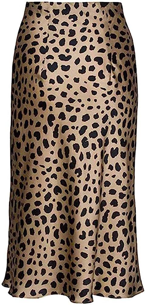 Leopard Skirt for Women Midi Length High Waist Silk Satin Elasticized Cheetah Skirts | Amazon (US)