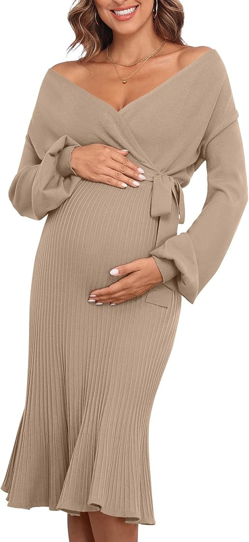 V FOR CITY Maternity Sweater Dress Women Fall Wrap V Neck Pleated A Line Waist with Belt Pregnanc... | Amazon (US)