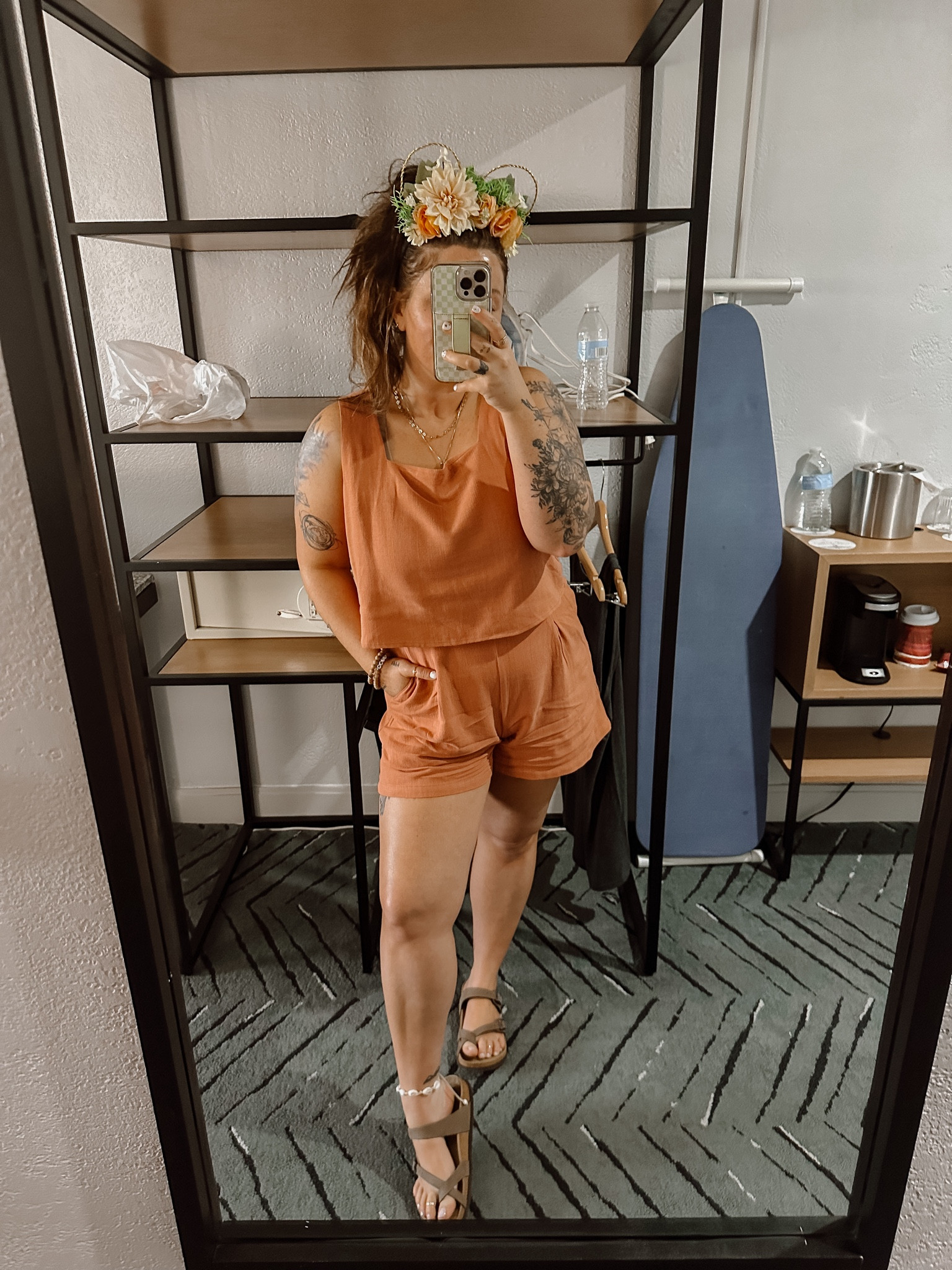 EPCOT Disney outfit! Moana themed vacation tropical comfy casual Disney outfit idea! Two piece linen summer set in burnt orange wearing medium! Super comfy and super light weight! Birkenstock swap for less sandals in my my TTS super comfy for walking. Floral Mickey ears that light up for Epcot floral experience. Shell anklet and belt bag with Disney pins! 

#LTKFestival #LTKTravel #LTKSeasonal