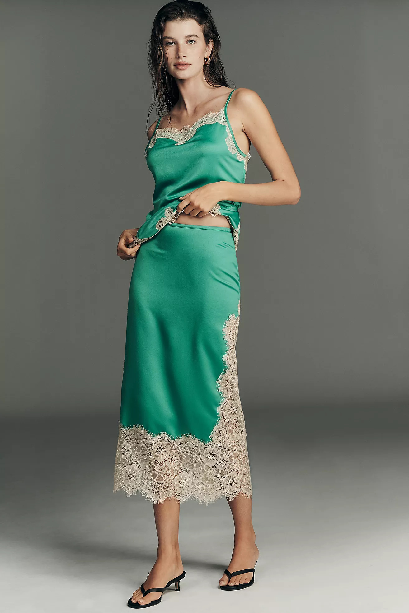 Bl-nk Cinzia Laced Satin Midi Skirt | Anthropologie (US)