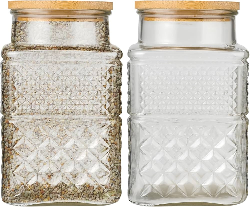 60 Ounce Vintage Glass Airtight Storage Jar, Square Glass Jar with Bamboo Lid Vintage Embossed Ca... | Amazon (US)