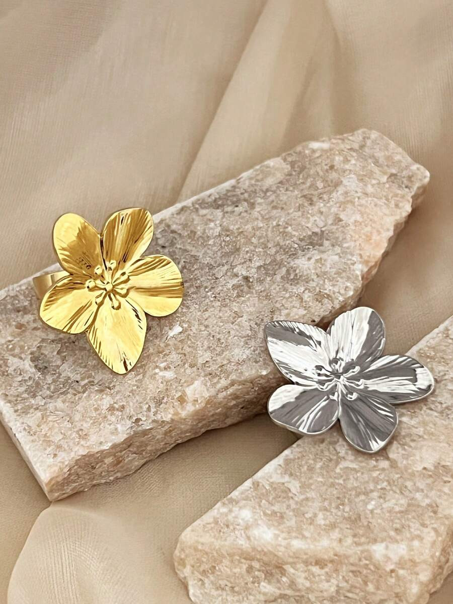 1pc Fashionable French Vintage Floral Design Stainless Steel Ring - Adjustable - Romantic & Elega... | SHEIN