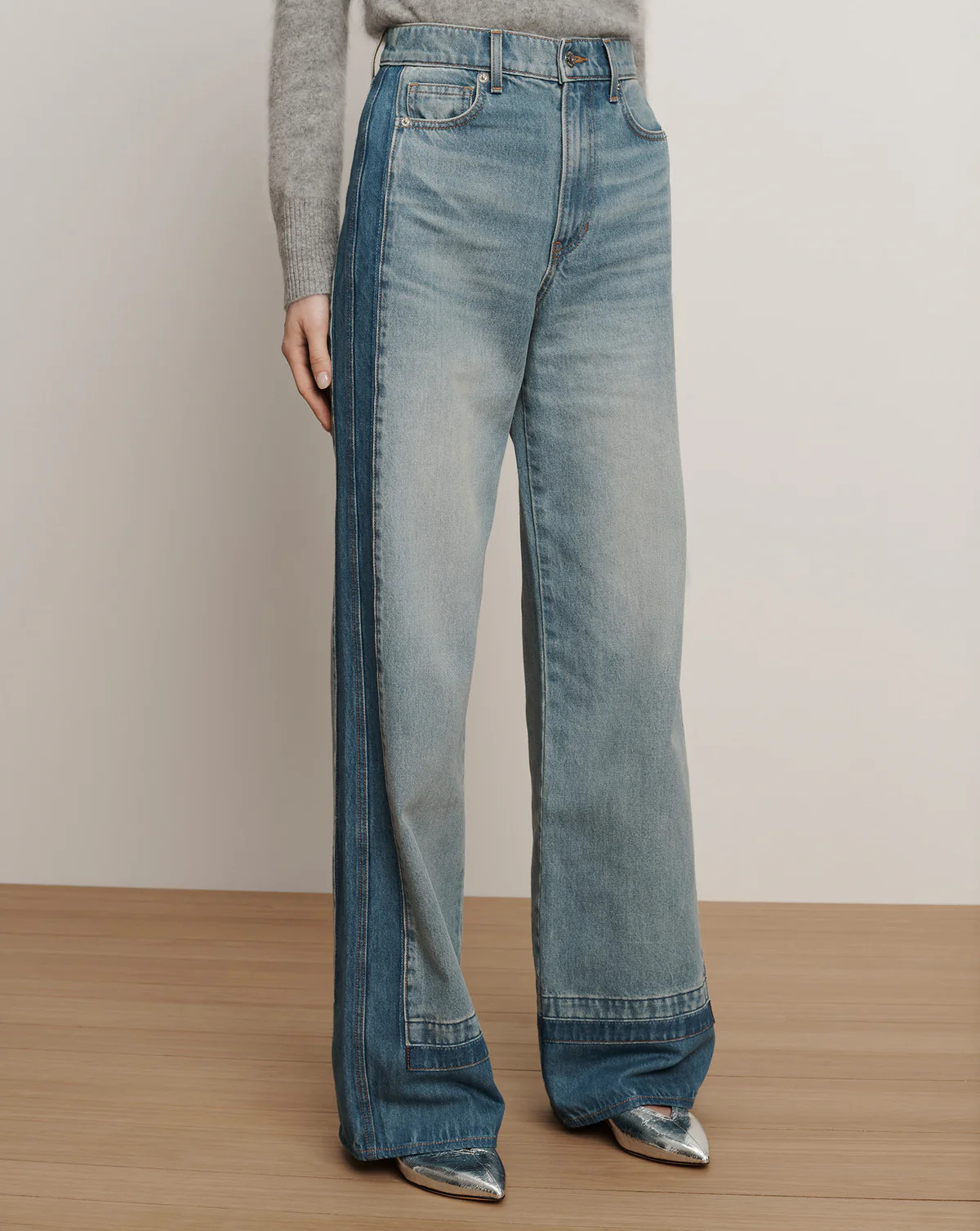 Taylor Color-Block Wide-Leg Jean in Medium Wash Denim Cloudy Colorblock | Veronica Beard | Veronica Beard