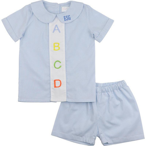 Blue Gingham Embroidered ABC Short Set | Cecil and Lou