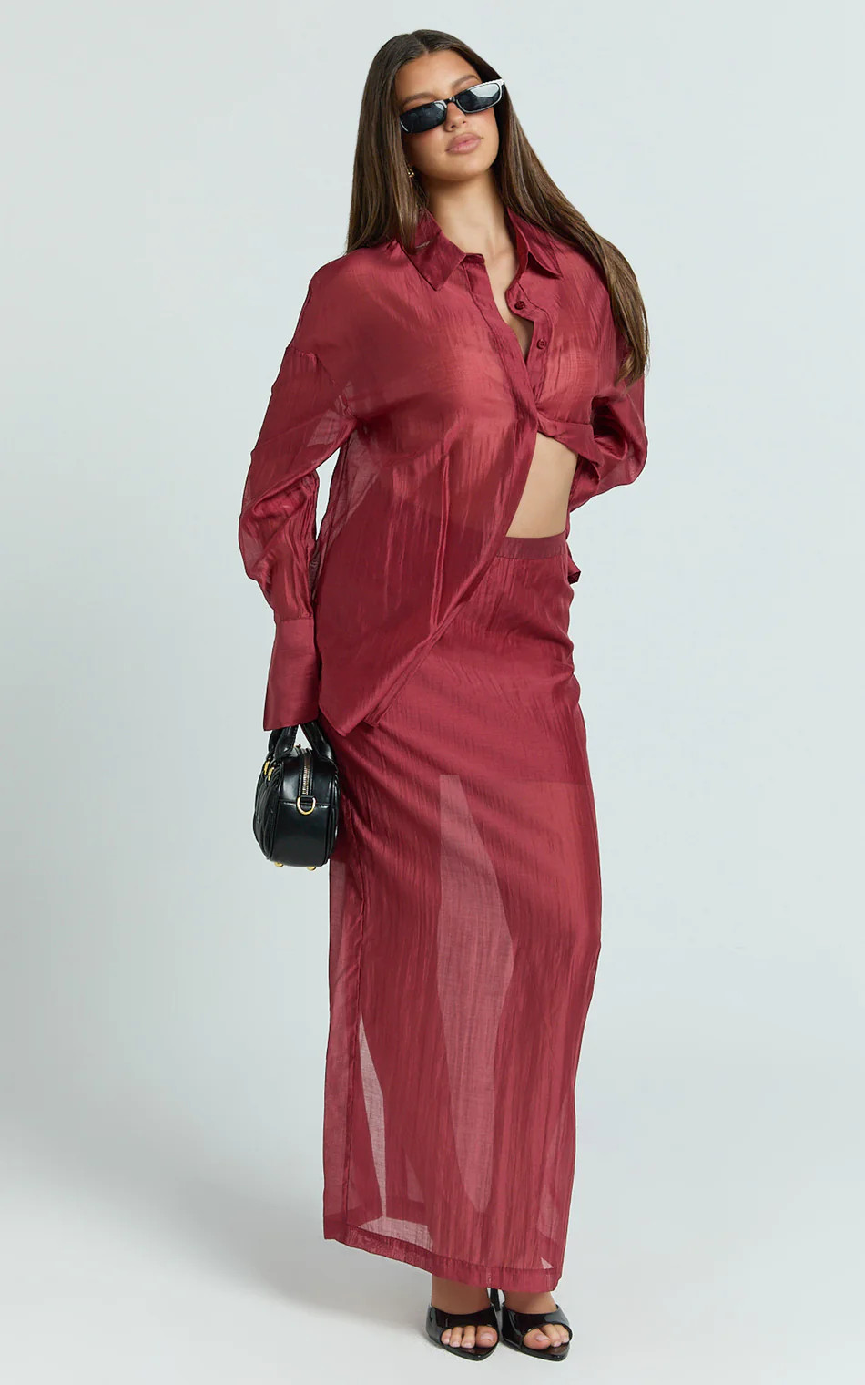 Amalia Midi Skirt - Sheer Ankle Length Pencil Skirt in Cherry | Showpo (US, UK & Europe)