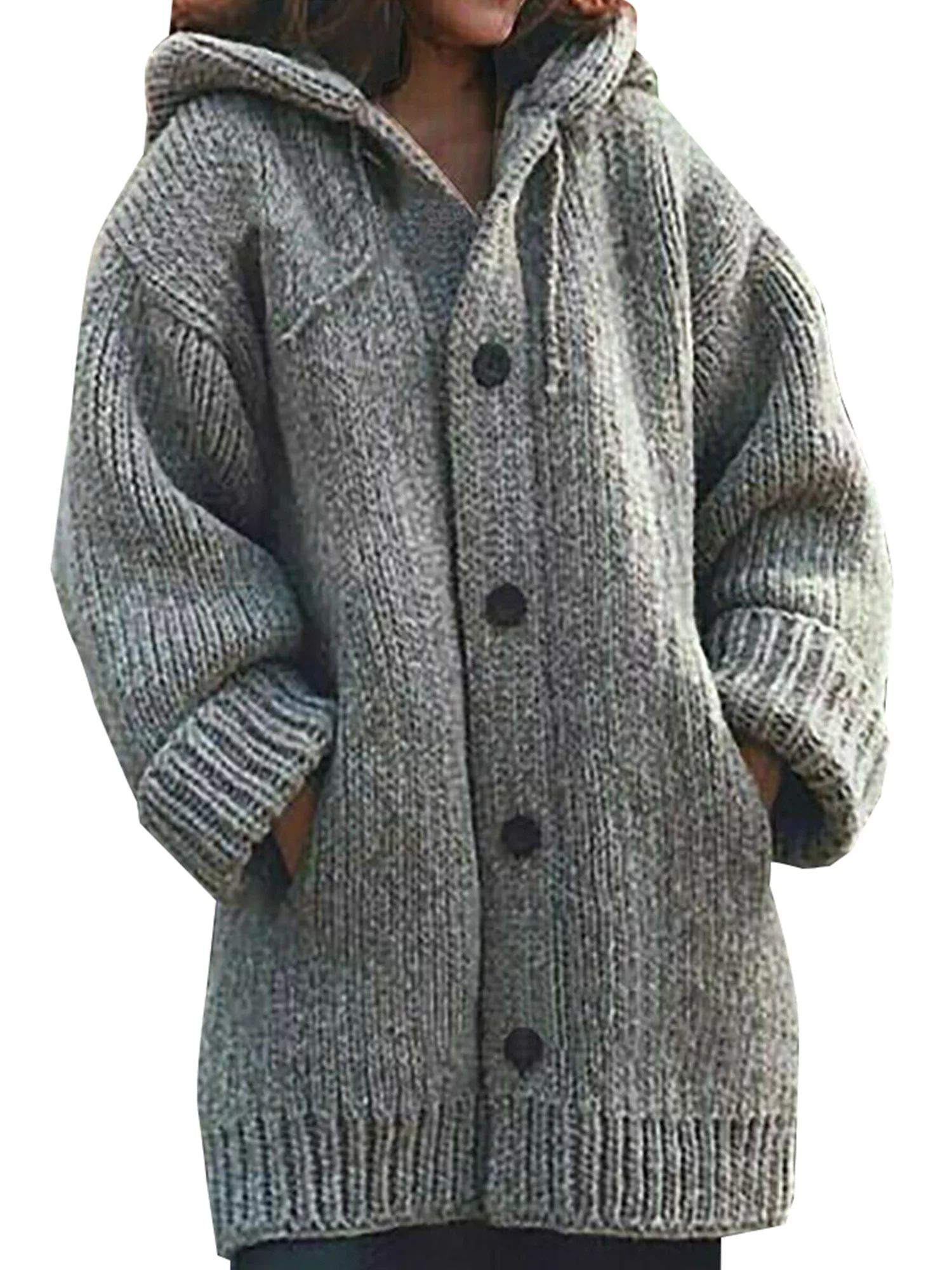 Women's Loose Casual Plus Size Knitted Hooded Winter Cardigan Coats | Walmart (US)