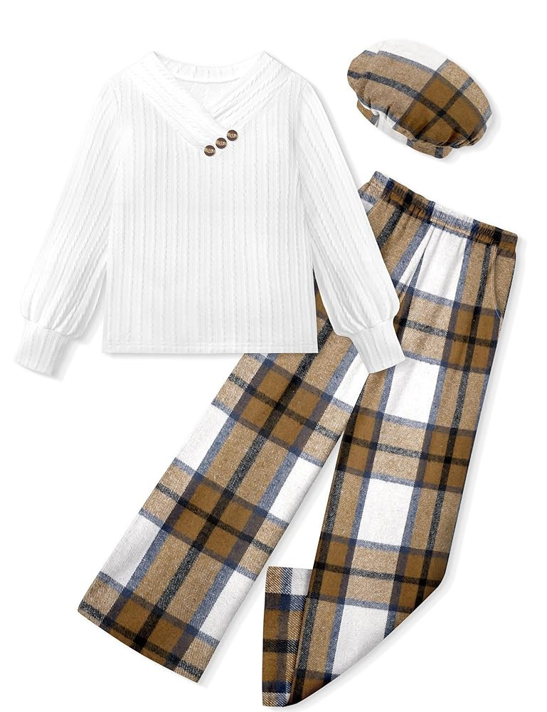 Girls Clothes 3 Piece Outfits Fashion Jacquard Puff Sleeve V Neck Button Tops Plaid Wide Leg Pant... | Amazon (US)