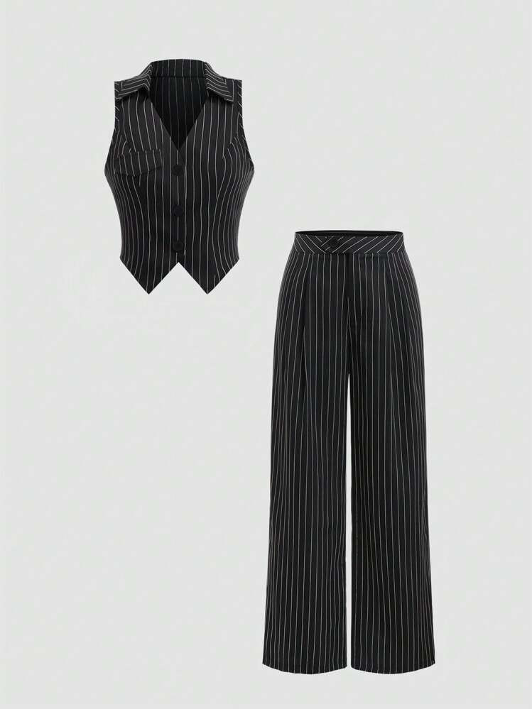 Sweetra 2pcs Women's Summer Striped Lapel Single-Breasted Vest And Loose Pants Casual Set | SHEIN