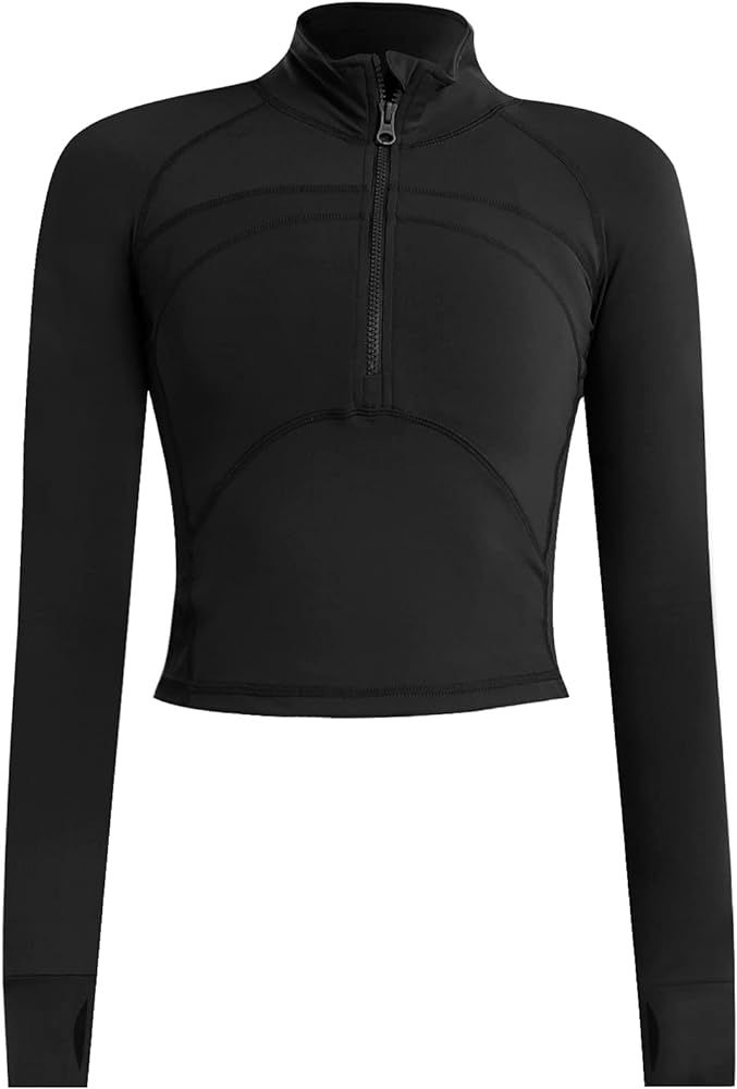 Women's Cropped Workout Jacket 1/2 Zip Pullover Running Athletic Outwear Slim Fit Long Sleeve Yoga T | Amazon (US)