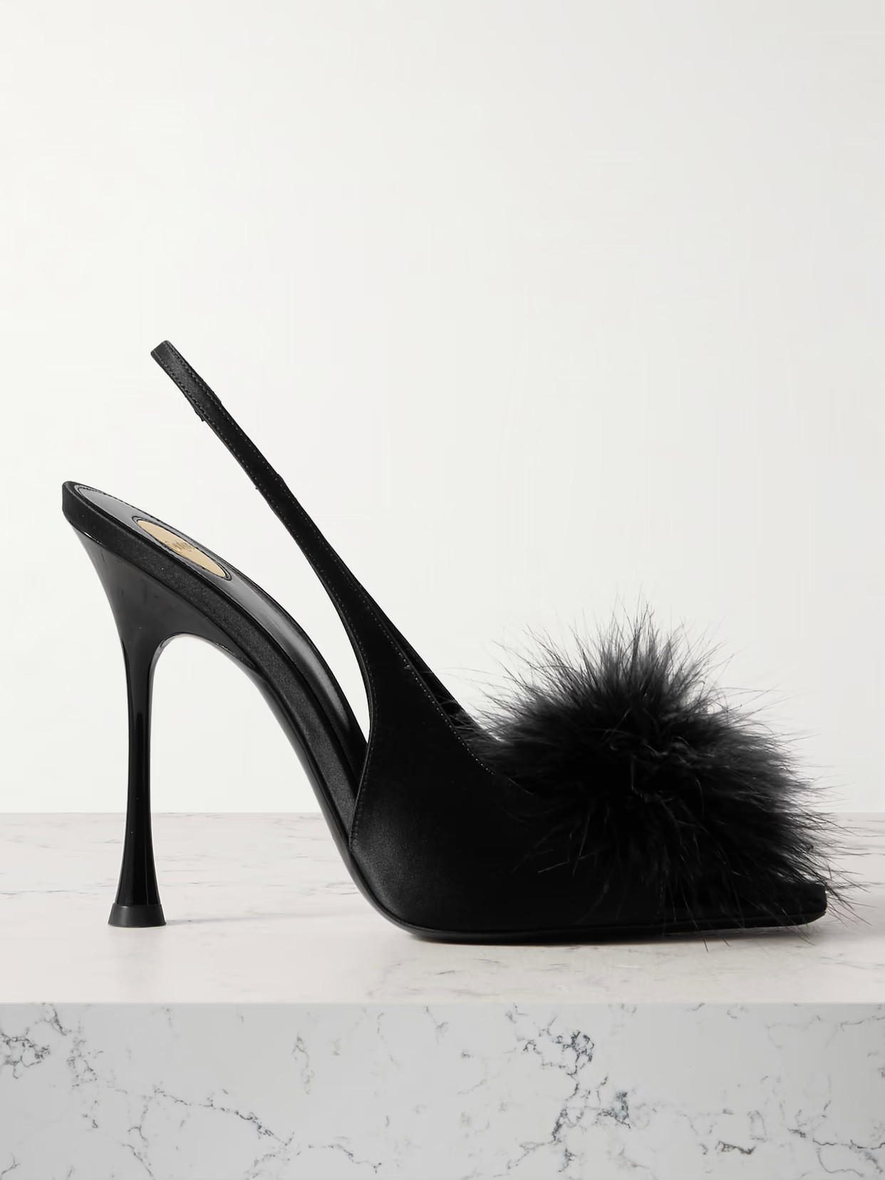 SAINT LAURENT - Paradis Feather-trimmed Satin Slingback Sandals - Black | NET-A-PORTER (US)