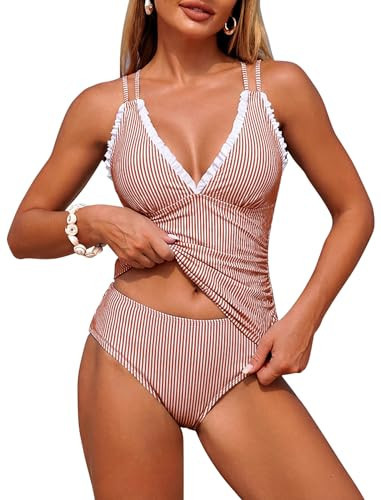 ZAFUL Womens Tankini Bathing Suits Modest Two Piece Swimsuit Smocked Push Up Slimming Tankinis with High Waisted Full Coverage Bottom Adjustable Straps Ruched Tummy Control Swimwear Red Striped L | Amazon (US)