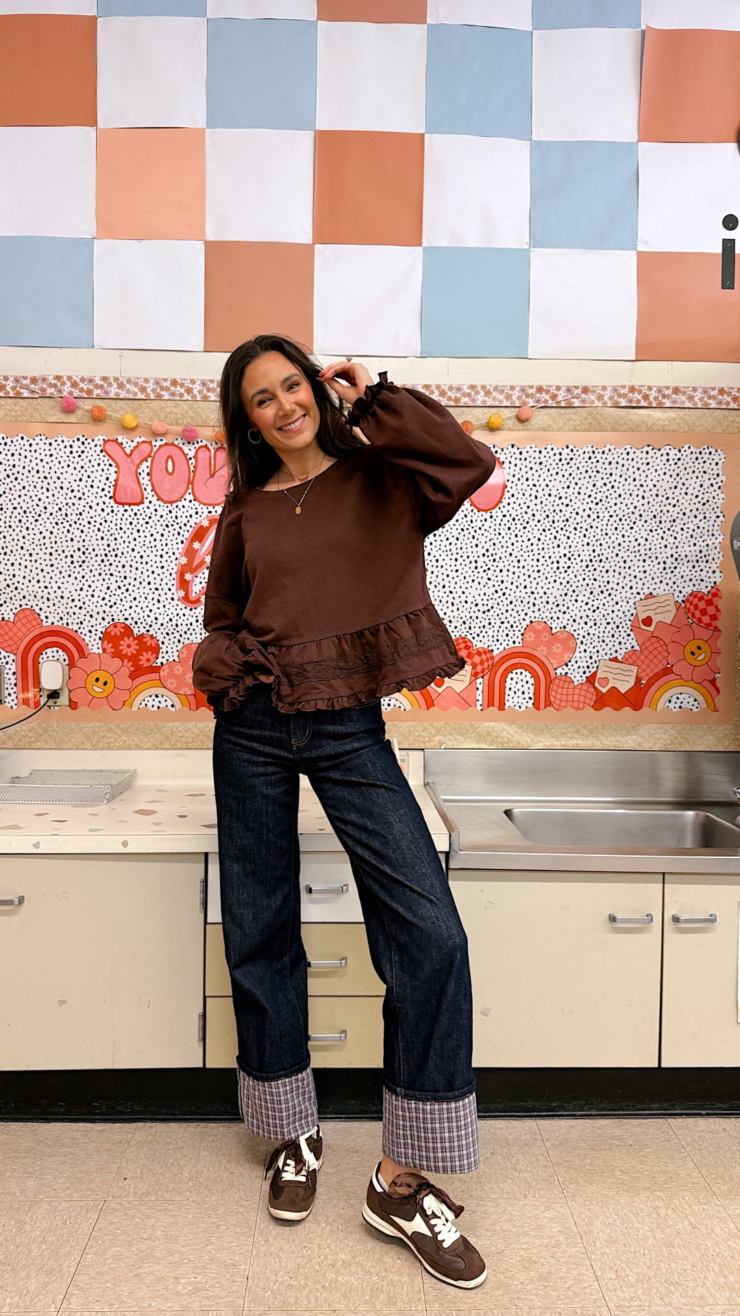 Friday Teacher OOTD! The cutest Free People inspired sweatshirt🙌🏼 Wearing a small! It’s 75% cotton 😍
Wearing a 2 in the jeans! Tall girl friendly. Discount code: TEACHES15
Jacket is sold out in brown. I linked it for the other colors left as well as a similar brown jacket. 

For reference, I’m 5’9”, 34” inseam, 30C, 260 waist 

#LTKWorkwear #LTKTall #LTKootd