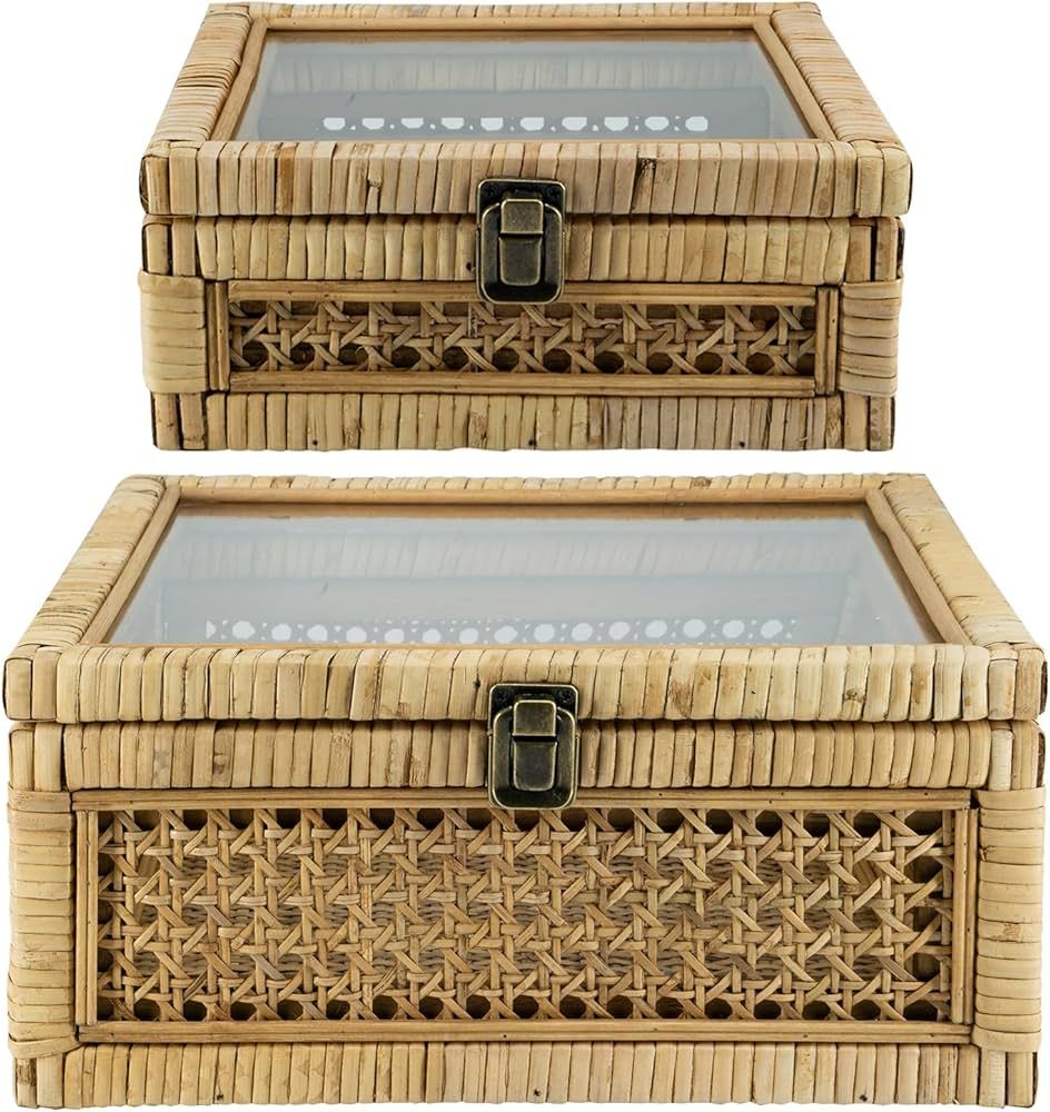 HUAXIN CRAFT H Rattan Square Box with Lid - Set of 2 Wicker Decorative Bins with Glass Cover for ... | Amazon (US)