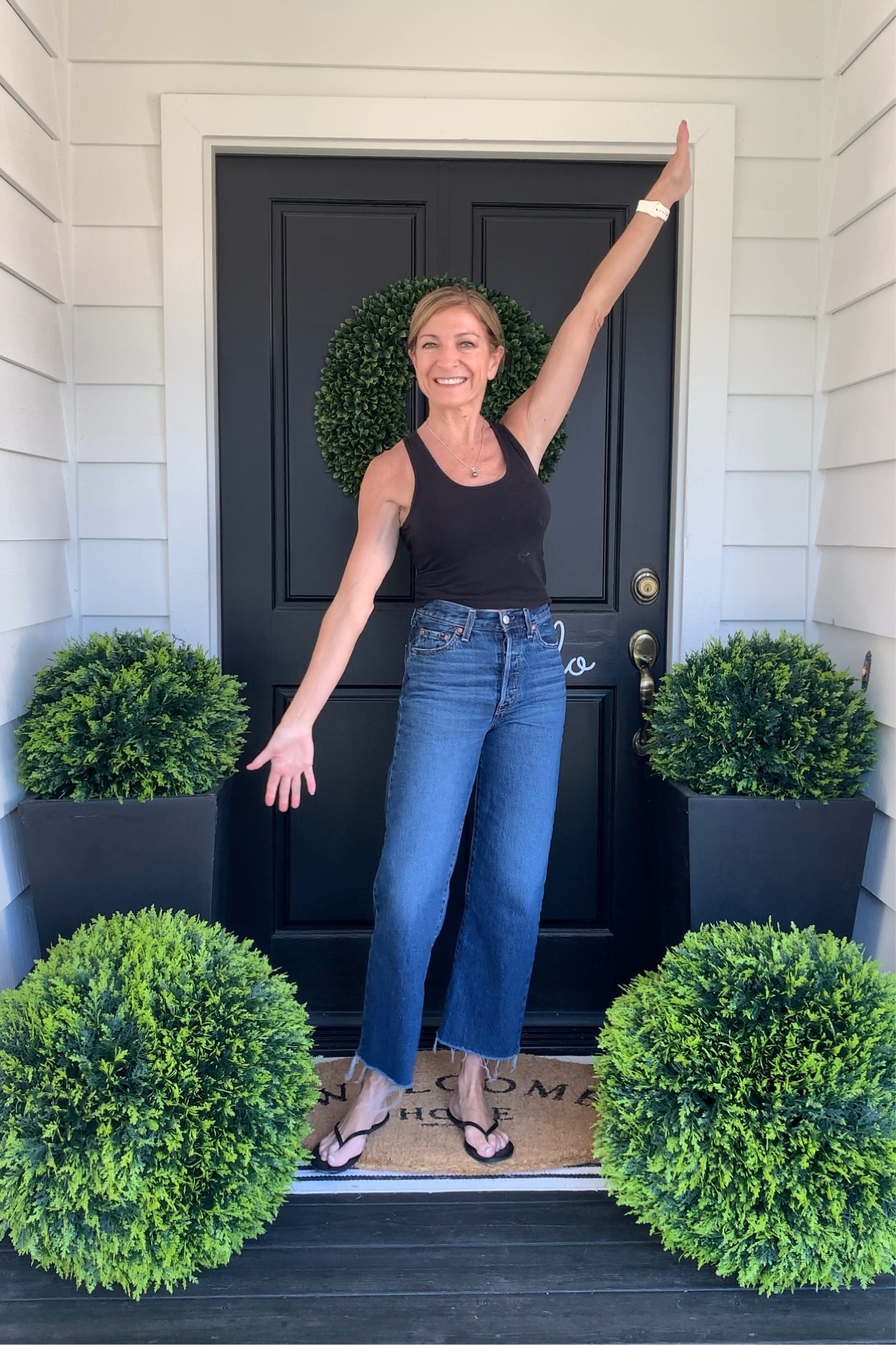 FUN faux cedar topiary balls. They come in several sizes and styles. These and other items on our porch are linked here! OH and the smaller ones in my photo and reel on IG, are these. The dimensions on amazon are incorrect. They are 16”L x 16”W!

#LTKSeasonal #LTKFind #LTKhome