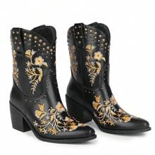 ISNOM Cowgirl Cowboy Western Boots For Women With Block Heel PullOn Tabs And Classic Embroidery Design | SHEIN