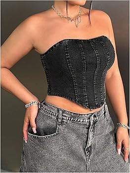 OYOANGLE Women's Plus Size Vintage Strapless Denim Corset Top Shirred Bandeau Crop Tops | Amazon (US)