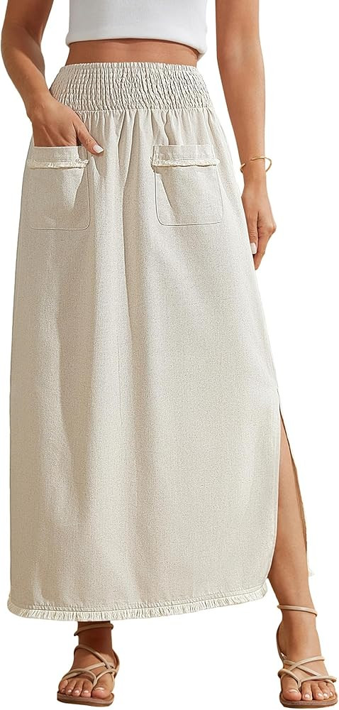 Bsubseach Maxi Skirts for Women Spring 2026 Linen Skirt with Side Slit Elastic Waist Long Ankle-L... | Amazon (US)