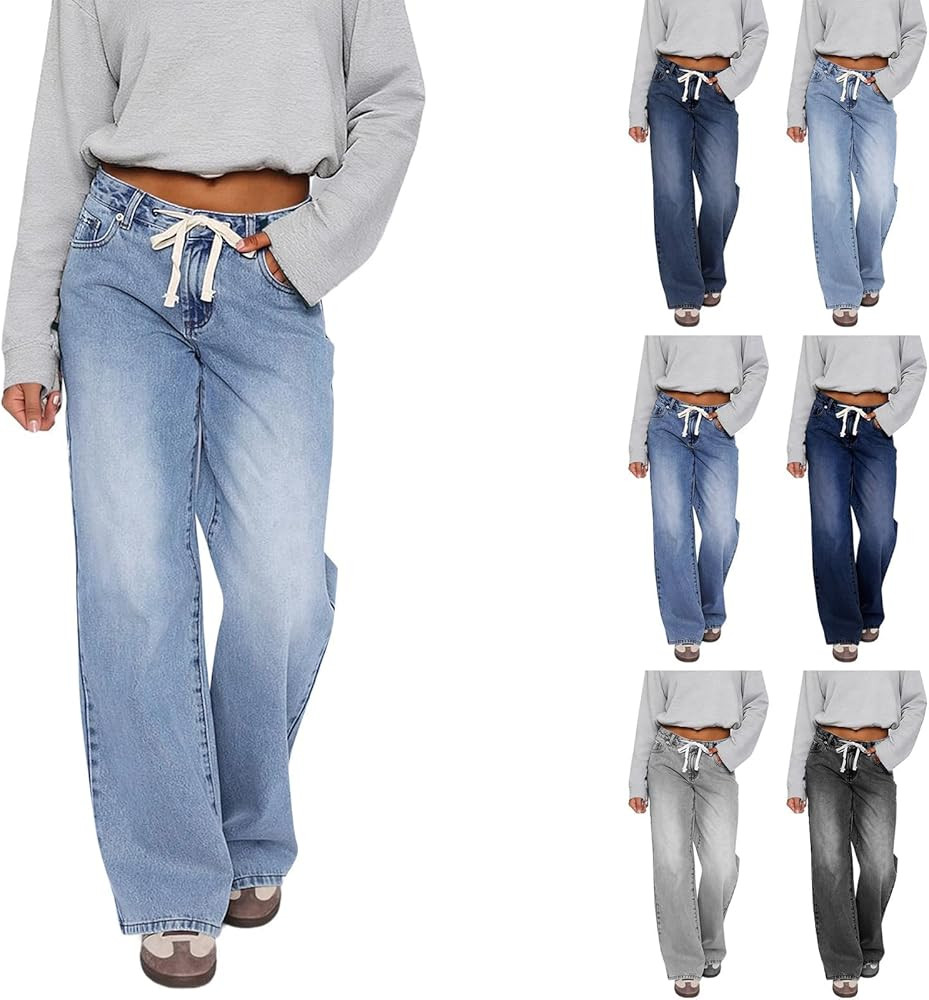 Wide Leg Jeans for Women High Waisted Stretchy Y2k Baggy Denim Pants Casual Drawstring Elastic Wa... | Amazon (US)