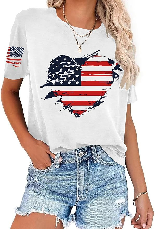 American Flag Shirt Women 4th of July T-Shirt Patriotic Shirt Independence Day Stars Short Sleeve... | Amazon (US)