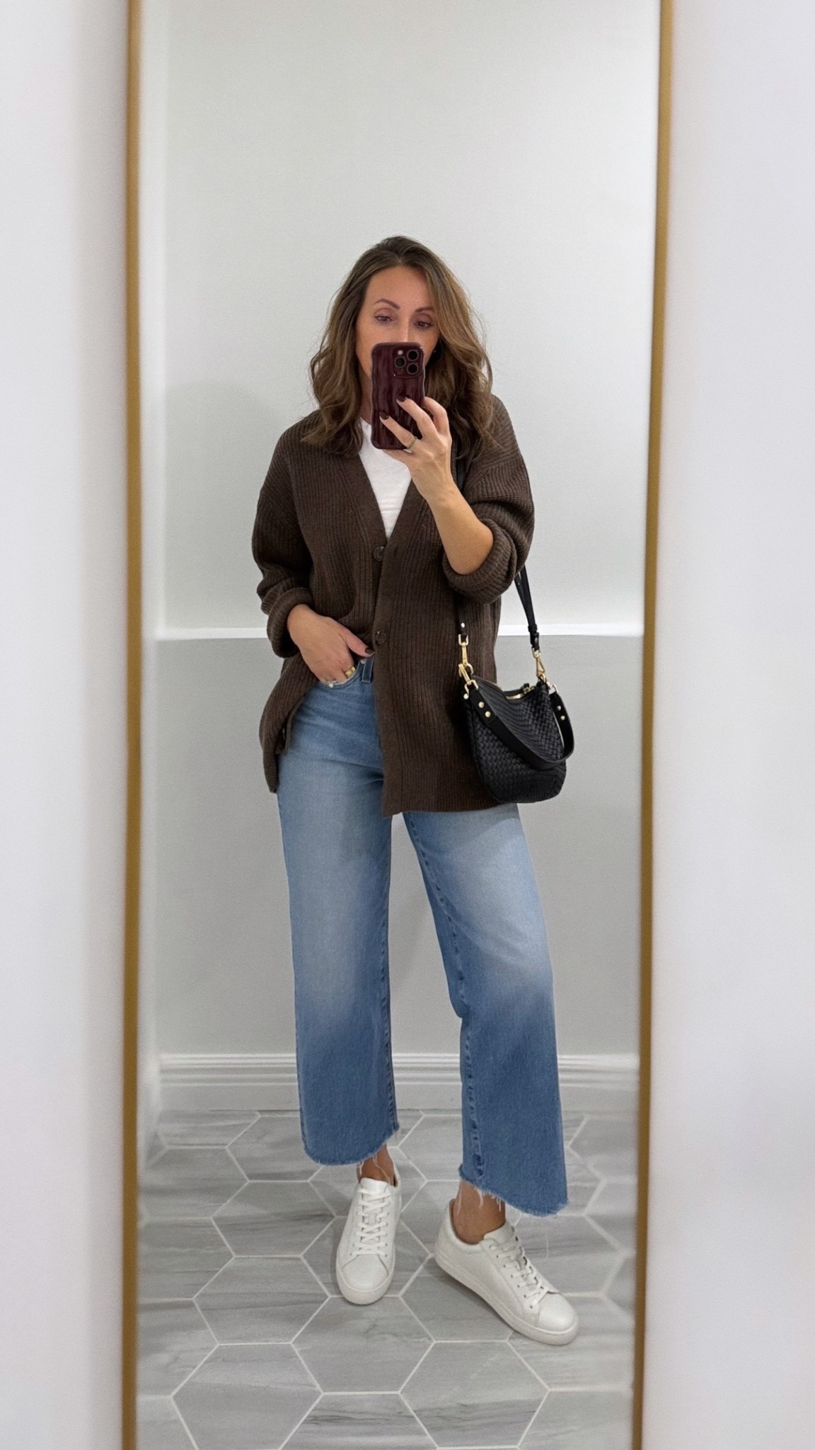 Linked jeans are the same style, the current version just doesn’t have the raw hem.
Cardigan in xs. Linked a shorter version too.  
I sized up in sneakers.  




#LTKootd #LTKSeasonal