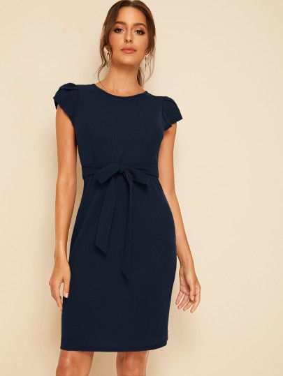 SHEIN Petal Sleeve Self Belted Dress | SHEIN