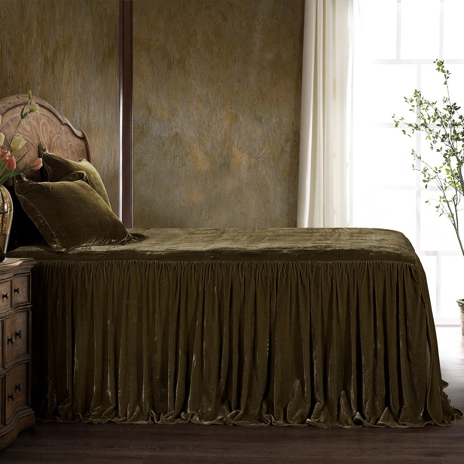 Stella Faux Silk Velvet Romantic Western Ruffle Skirt Bedspread Set | Wayfair North America