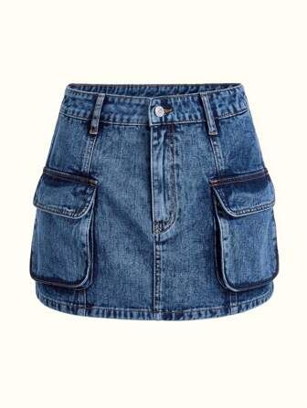 SHEIN Qutie Flap Pocket Cargo Denim Skirt | SHEIN