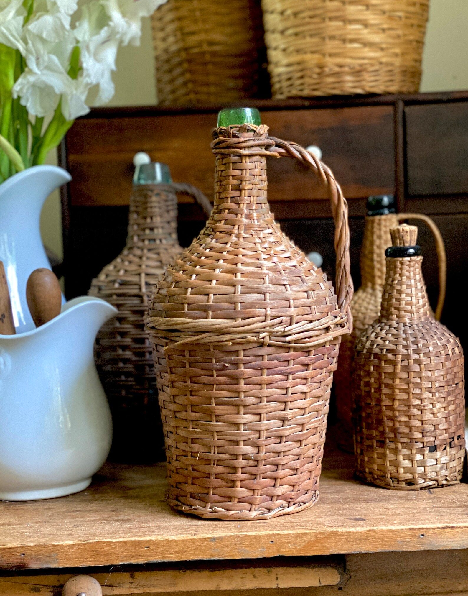 Antique Wicker Wrapped Green Glass Demijohn Bottle Basket - Etsy | Etsy (US)