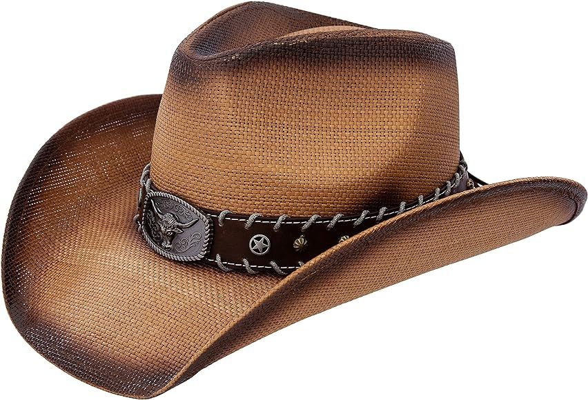 Queue Essentials Men & Women's Woven Straw Cowboy Cowgirl Hat Western Outback w/Wide Brim | Amazon (US)