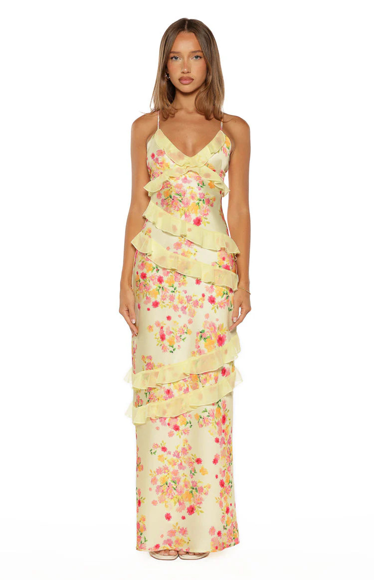 Inara Yellow Bloom Ruffle Maxi Dress | Beginning Boutique | Beginning Boutique (US)