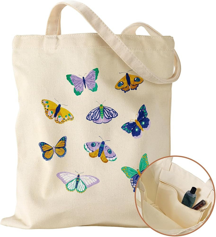 Aesthetic Canvas Tote Bag with Inner Pocket for Women, Cloth Cotton Totes Bag with Pattern for Sh... | Amazon (US)