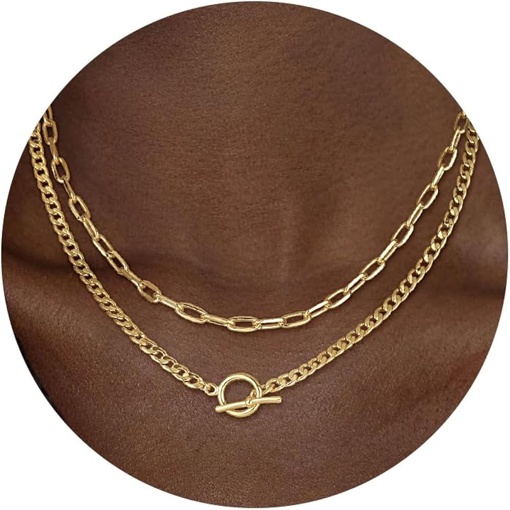 CHESKY Layered Necklaces for Women, 14K Gold Plated Chain Necklace Women Trendy Cuban Link Paperc... | Amazon (US)