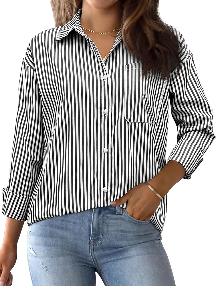 AISEW Womens Button Down Shirts Striped Classic Long Sleeve Collared Office Work Blouses Tops wit... | Amazon (US)