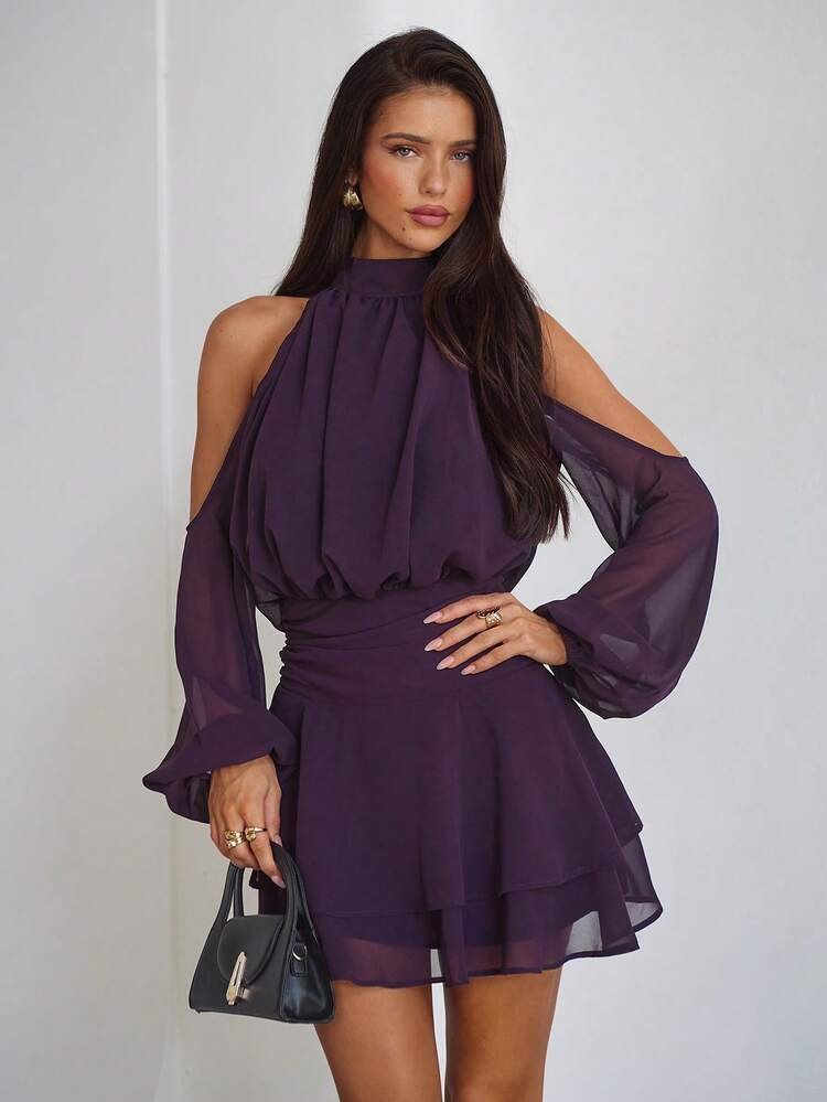 Aloruh Elegant Dark Purple Long Sleeve Off-Shoulder Dress,Summer Stand Collar Mini Dress For Wome... | SHEIN