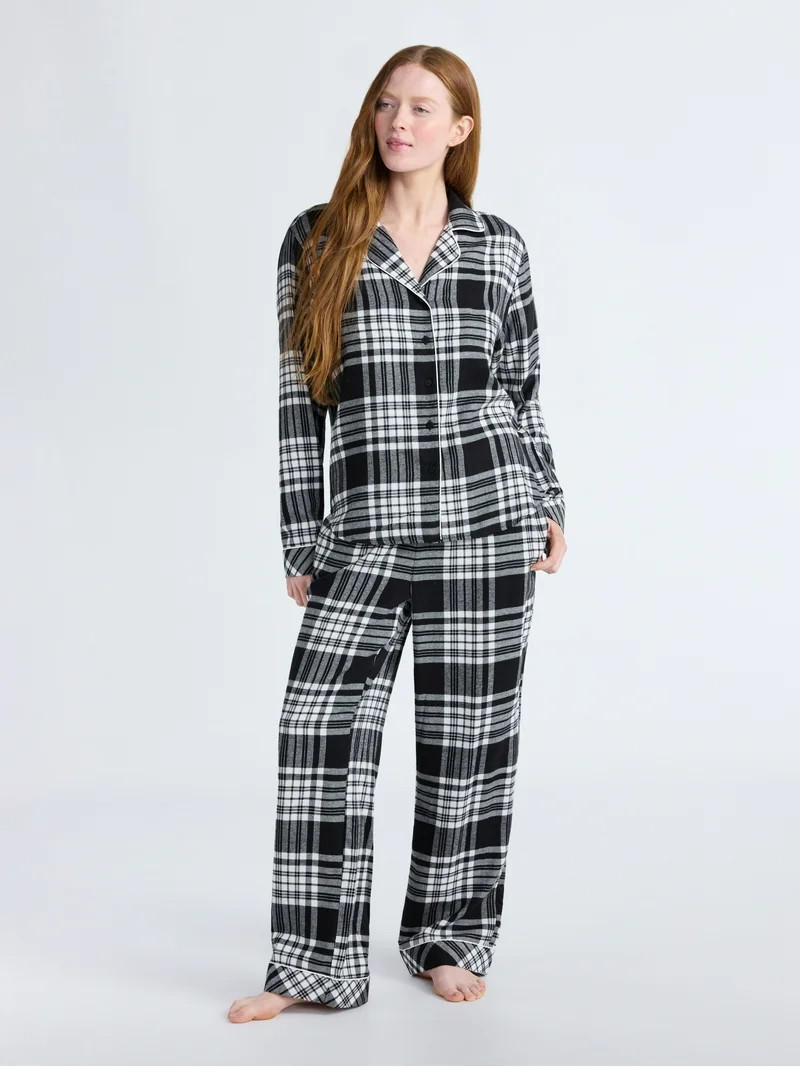Joyspun Women's Long Sleeve Flannel Sleep Top and Pants Pajama Set, 2-Piece, Sizes XS-3X | Walmart (US)