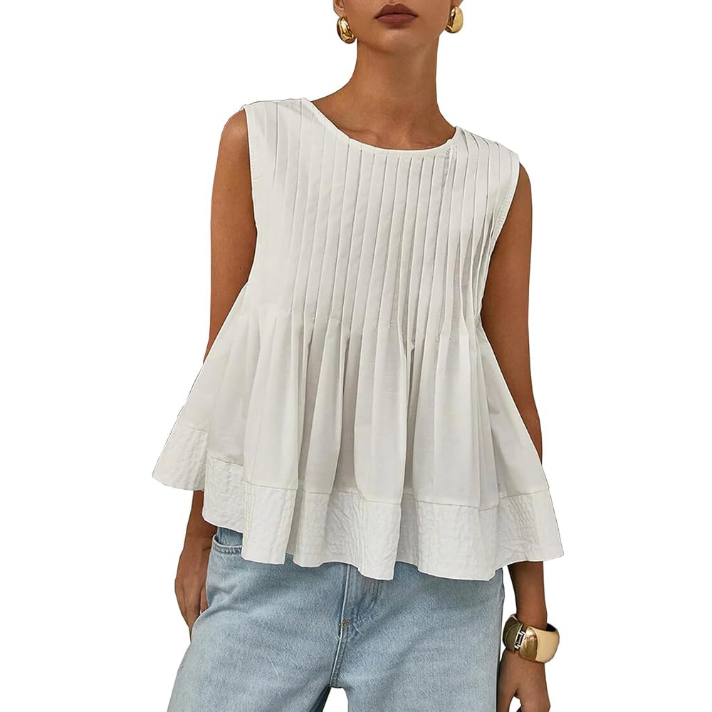 WOWULOVELY Womens Summer Pleated Peplum Sleeveless Blouse Tank Tops Crew Neck Babydoll Blouse Y2K... | Amazon (US)