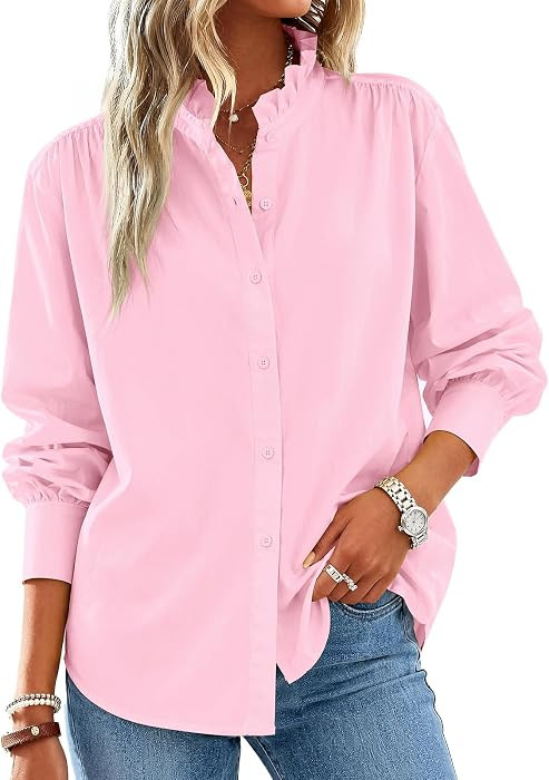 Cicy Bell Womens Oversized Button Down Shirts Long Sleeve Ruffle Collar Top | Amazon (US)
