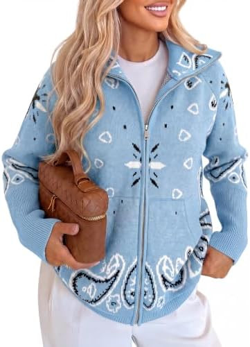 Cicy Bell Women Zip Up Cardigan Sweater Stand Collar Knit Printed Sweater | Cardigan With Bandana... | Amazon (US)