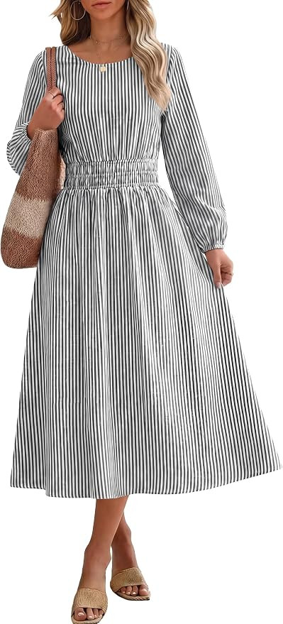 ANRABESS Women's Long Sleeve Striped Midi Dress, 2026 Early Fall Fashion | Crewneck Empire Waist,... | Amazon (US)
