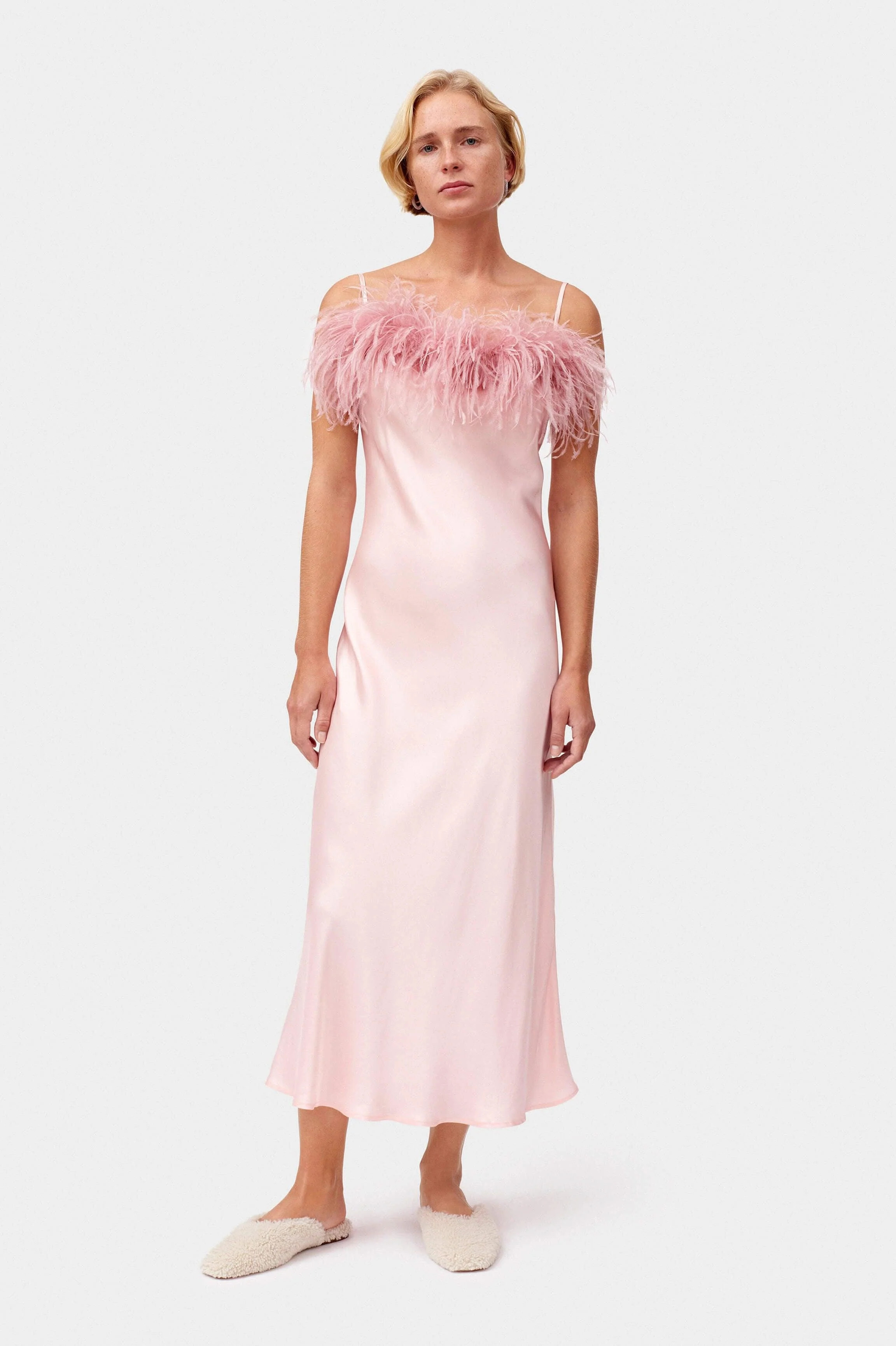 Sleeper Boheme Slip Dress With Feathers in Dust Pink | outdazl