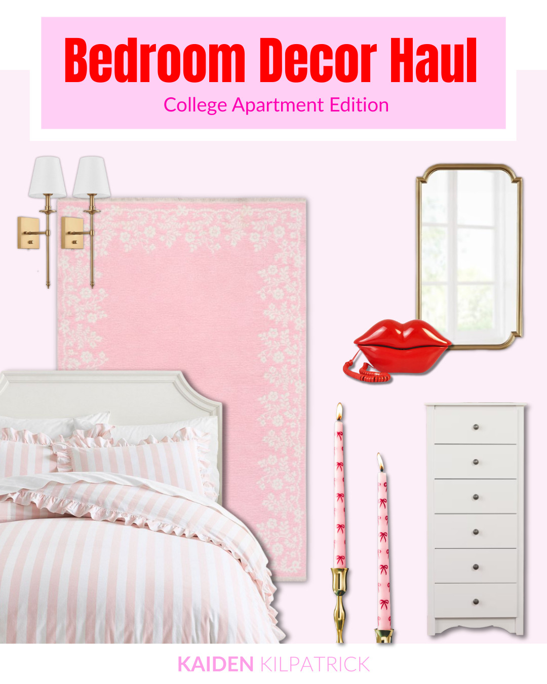 College apartment bedroom makeover vibes 💗 Sharing my favorite pink & white finds to create a cozy, chic space that feels like home. From the striped ruffle bedding and floral rug to gold wall sconces, a tall white dresser, and the cutest bow-print candles—these pieces make decorating so easy. Perfect for dorms, small bedrooms, or first apartments!

#BedroomDecor #CollegeApartmentDecor #PinkBedroom #DormRoomDecor #ApartmentBedroomIdeas #SmallSpaceDecor #LTKHome #LTKCollege #HomeDecorHaul #BedroomInspo #DormInspo 

 